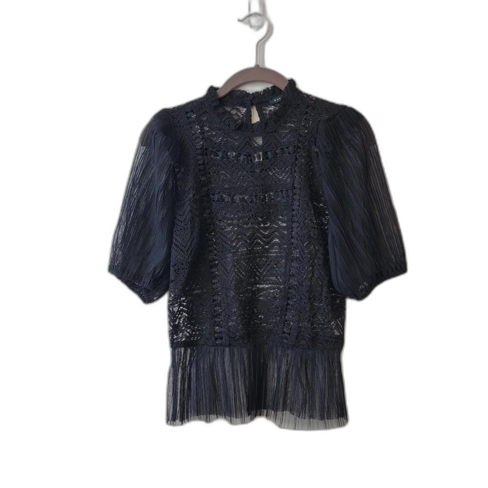 Haute Monde Black Lace High Collar Peplum Blouse Dark Coquette S